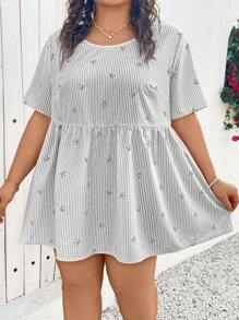 SHEIN CURVE+ 大码女士宽松蝴蝶结条纹印花衬衫，适合海滩度假、海滨度假、女士海滩休闲、海滩必备、毕业典礼、下午茶派对等场合。 - 灰色 - 查看 8