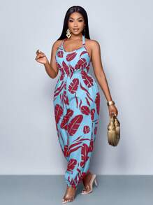 SOLERSUN 2025 Spring Summer Sleeveless Holidany Tropical Print Halter Jumpsuit - Burgundy - View 2