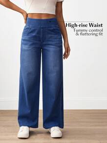 Flexra Damen hohe Taille Weite Bein Loose Lässig Jeans mit Taschen