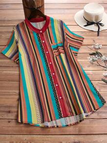 EMERY ROSE Plus Size Women Loose Vintage Printed Short Sleeve Shirt - Red - View 1