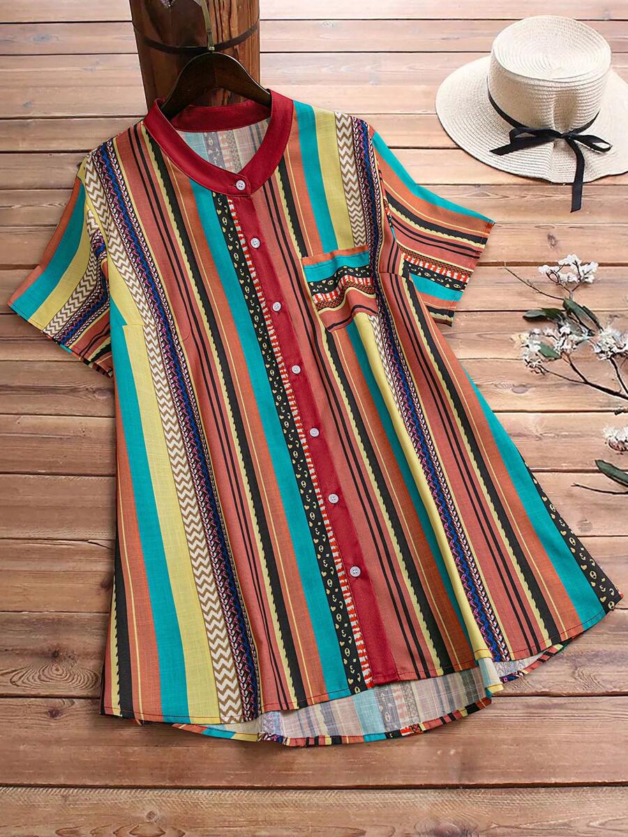 EMERY ROSE Plus Size Women Loose Vintage Printed Short Sleeve Shirt - Red - View 1