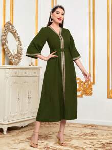 Al Najma Gaun Wanita Elegan Gaya Arab dengan Pita Sambungan, Leher V, dan Lengan Mengembang - Olive Green - View 4