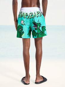 Surfspeed Men's Vacation Cartoon Dinosaur Letter Print Drawstring Waist Beach Shorts - Multicolor - View 2