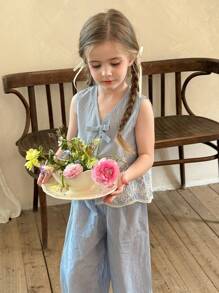 LMoss Kids LMoss 2pcs Set Young Girl Woven Embroidered Round Neck Top And Loose Casual Pants Sisters Outfit, Suitable For Spring And Summer - Multicolor - View 3