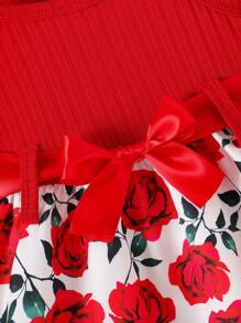 SHEIN Vestido de tirantes informal y adorable para niñas bebé con estampado de corazón acanalado rojo y dobladillo con volantes, verano - Rojo - Ver 4