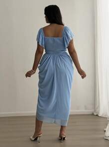 Celure Abito midi arricciato e svasato da donna con scollo a cuore, in jacquard e chiffon, con balze, di colore blu, in stile romantico da vacanza, per taglie forti