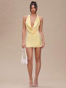 SHEIN BAE Quần áo mùa hè cho phụ nữ màu vàng trơn cổ khoét sâu hở lưng bằng vải satin mini cho nữ/váy cho nữ/váy dạ hội/váy tốt nghiệp/váy dự tiệc cưới cho nữ/váy vàng bơ,váy mùa hè cho nữ - Màu vàng - Xem 4