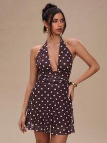 SHEIN BAE Women's Summer Dress Polka Dot Backless Mini Dress/Women's Summer Dress/Women's Summer Dress/Elegant Women's Dress/Graduation Dress/Women's Casual Dress/Women's Wedding Guest Dress/Women's Holiday Dress/Polka Dot,Summer Dresses For Women,Polka Dot Dress - Coffee Brown - View 5