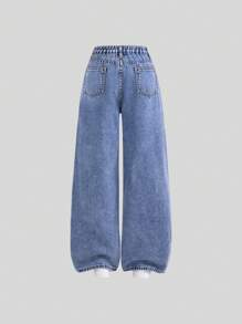 Teen Girls Rainbow Print Ripped Straight Leg Jeans - Blue - View 2