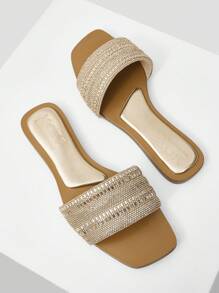 MOTF PREMIUM TWO-TONE SQUARE TOE FLAT SANDALS FOR CHRISTMAS - Champagne - View 9