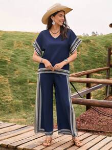 LanaWest 2pcs Women's V-Neck H-Shape Printed Short Sleeve Shirt + Printed Wide Leg Pants Casual Rural Vacation Daily Commute Set