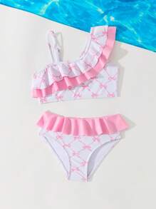 Young Girl Pink Simple Fashion Bow Print Pattern Swimwear Set, Comfortable Print Random - Pink - View 4