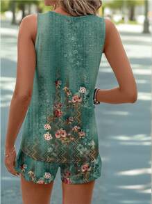 SHEIN LUNE Set de 2 piezas para mujer, top sin mangas con cuello redondo y estampado vintage, y chaleco de manga corta, adecuado para el verano