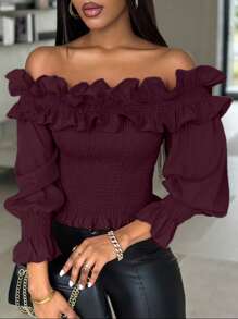 Elenzga 女式纯色褶饰露肩短款上衣