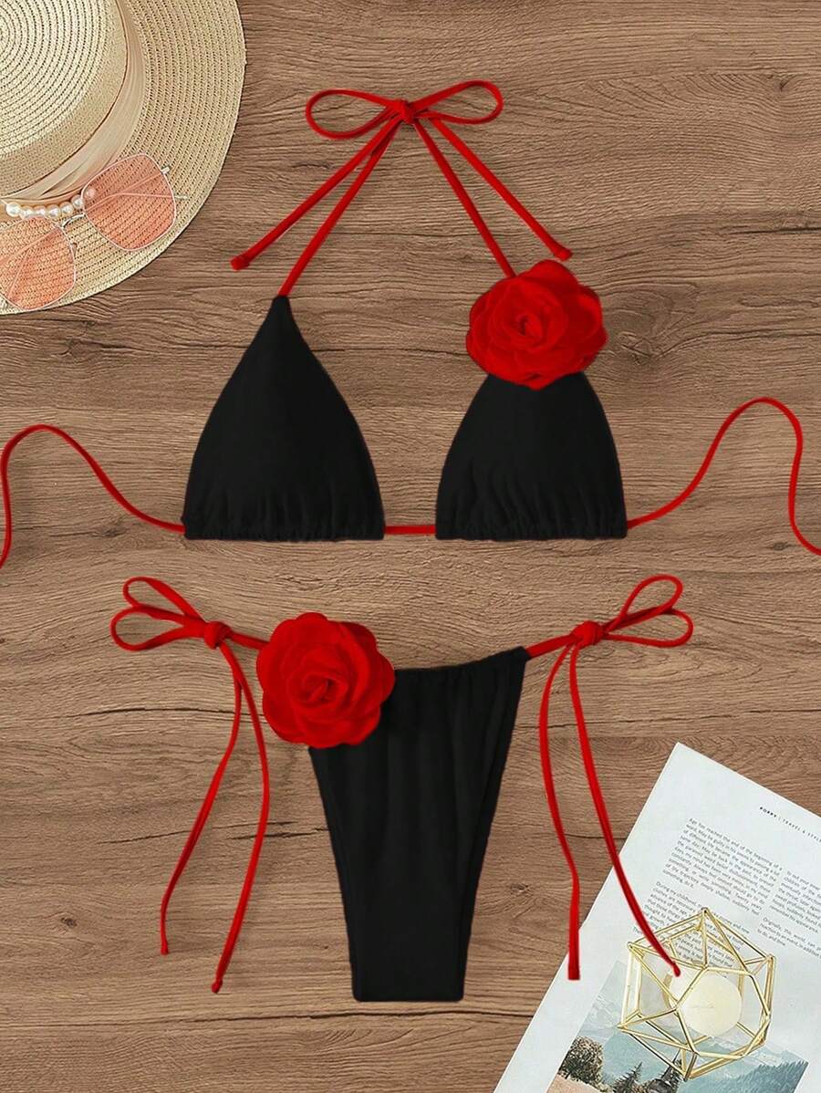 Swim Vcay Bộ đồ bơi bikini gợi cảm có dây buộc và họa tiết hoa 2 món cho nữ, đi biển mùa hè - màu đen - Xem 1
