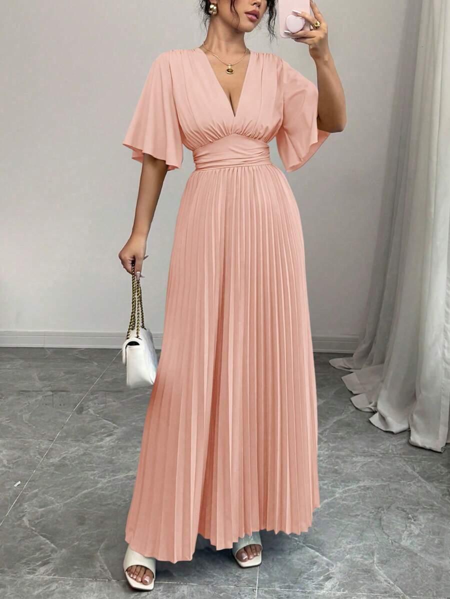 Rafferiza Elegante vestito con scollo a V, con arricciature e pieghe sul davanti, maniche corte, adatto per primavera/estate - Rosa - Visualizzare 1