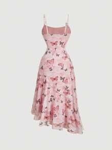 SHEIN MOD Women's Midi Length Butterfly Pattern Asymmetric Hem Dress, Pink - Pink - View 2