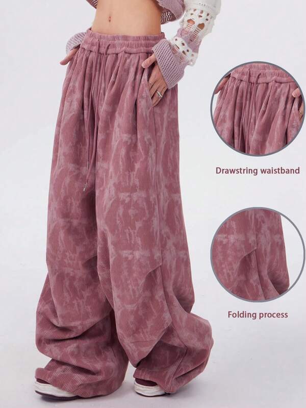 SHEIN Women's Relaxed Fit Corduroy Trousers With Wrinkle Floral Pattern Fall Cloth For Women