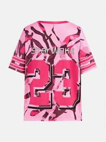 Sparklyn 2 件套青少年女孩迷彩休闲字母 V 领曲棍球 T 恤 + 宽松迷彩阔腿裤，街头时尚百搭 - 彩色 - 查看 4