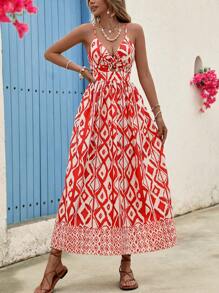 SHEIN VCAY Boho Printed Spaghetti Strap Dress For Women, Suitable For Vacation & Beach - Orange - View 4