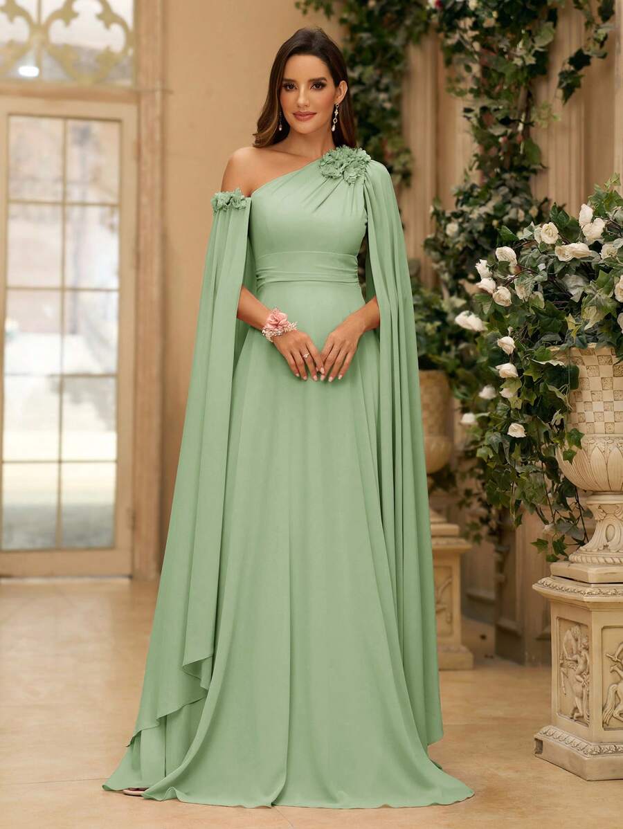 SHEIN Belle 3D Flower Decor, Flowy Sleeve, Asymmetrical Shoulder Chiffon Bridesmaid Dress, Women Evening Party Gown, Wedding Guest Dress, Formal Dress - Mint Green - View 1