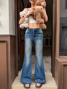 SHEIN EZwear Quần Jeans Ống Loe Lưng Thấp Co Giãn Ôm Sát Gợi Cảm Cho Nữ, Màu Xanh - Rửa tối - Xem 5