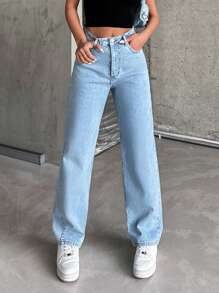 EURMUSE Women's Snowflakes Distressed Straight Jeans With Pockets - Light Wash - View 4
