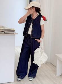 Dazy Kids Set da 2 pezzi per ragazze pre-adolescenti composto da gilet monopetto e jeans con tasche