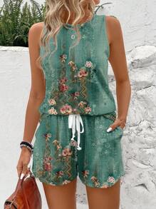 SHEIN LUNE Set de 2 piezas para mujer, top sin mangas con cuello redondo y estampado vintage, y chaleco de manga corta, adecuado para el verano