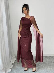 Elenzga Luxury Women's Solid Knitted Mesh Pleated Cape Sleeve Fitted Bodycon Evening Dress