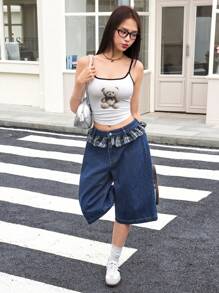 SHEIN EZwear Women Waist Splicing Plaid Ruffle Hem Wide Leg 3/4 Length Cropped Jeans - Dark Wash - View 5