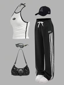 SHEIN 2 Stücke/Set für Teenager Mädchen Lässiger Sport Buchstaben & Symbol Muster weiß ärmellos Strick-Trägertop und weite Hose mit Kordel Dekor, vielseitige Sommer Mode