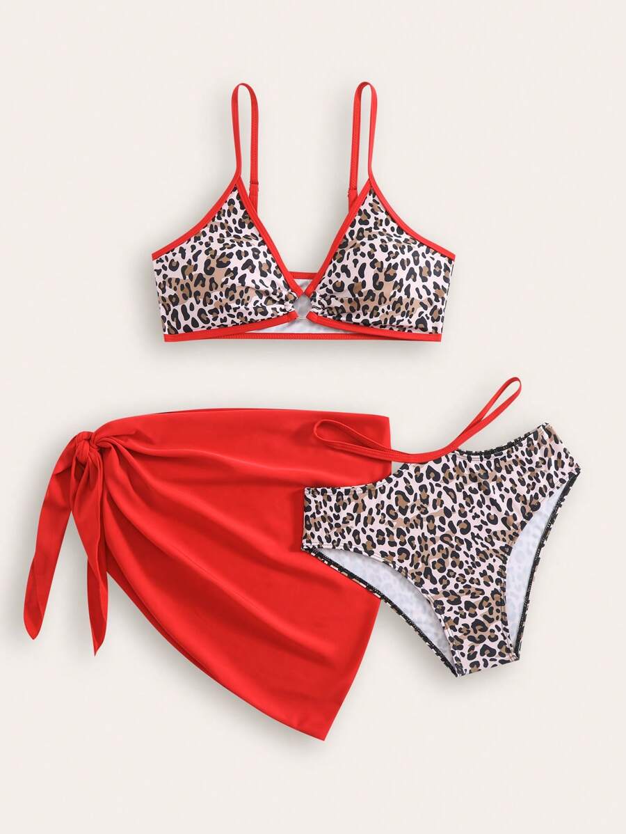 New Fashionable Leopard Print Full-Coverage 3pcs Swimwear Set For Teen Girl - Multicolor - View 1