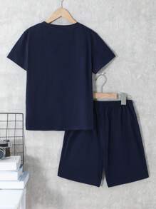 2pcs/Set Boys' Letter Print Contrast Color Round Neck Short Sleeve T-Shirt And Shorts Set - Multicolor - View 2