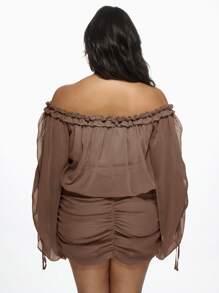 MISSGUIDED PLUS Plus Size Off Shoulder Ruffle Mini Dress Blouson Sleeve Party Evening Special Occasion Chiffon Ruched Bodycon Dress With Gathered Sleeves - Mocha Brown - View 2
