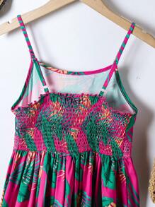 SHEIN Tween Girls 热带植物印花细肩带荷叶边下摆沙滩裙，适合夏季度假沙滩装 - 紅色 - 查看 4