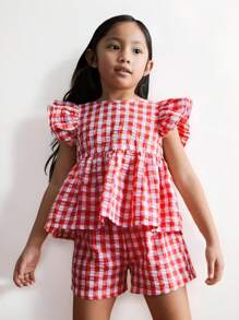 THE HAPPY LOOK Young Girl 2pcs Red Plaid Detachable Ruffle Bowknot Blouse Sets