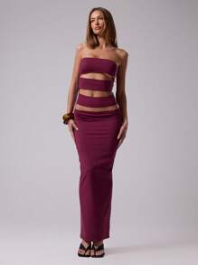 MUSERA Slinky Extreme Cut Out Detail Fitted Elegant Bandeau Sleeveless Dress For Spring Summer Club Vacation Holiday Forbidden Gardens Ibiza Beach Festival Wedding Guest Fall Night Out Wedding Guest, Elegant  Fall Winter Party  Chic Summer Outfit