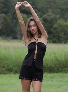 Roylia Stylized Spaghetti Strap Tie-Up Crop Top, Personalized Circle Trim Details, Curved Hem, Suitable For Concert, Party Wear - Black - View 1