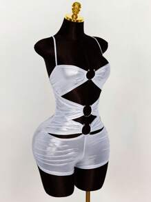 Amplova 镂空金属环装饰褶饰金属感连体衣