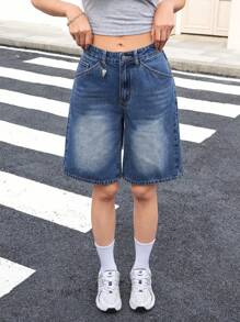 SHEIN EZwear 女士牛仔短裤，休闲低腰百慕大短裤，蓝色