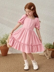 Blossori Young Girls' Elegant Pink Puff Sleeve Ruffle Hem Dress, Spring/Summer French Style - Pink - View 1