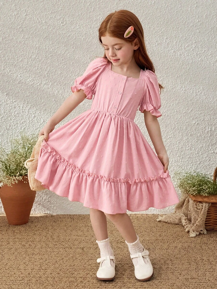 Blossori Young Girls' Elegant Pink Puff Sleeve Ruffle Hem Dress, Spring/Summer French Style - Pink - View 1