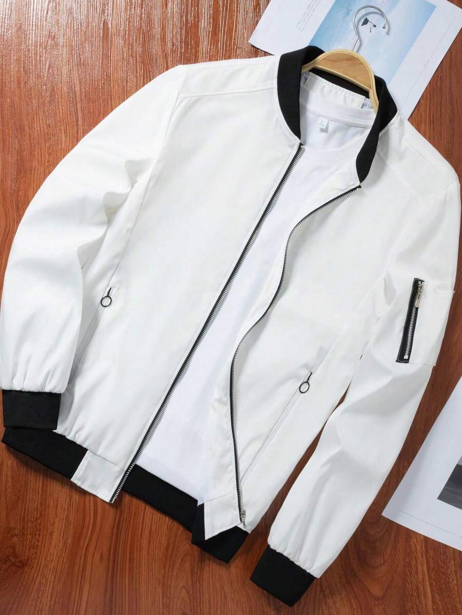 Manfinity Homme Men's Long Sleeve Zip-Up Contrast Color Casual Baseball Jacket, For Fall - White - View 1