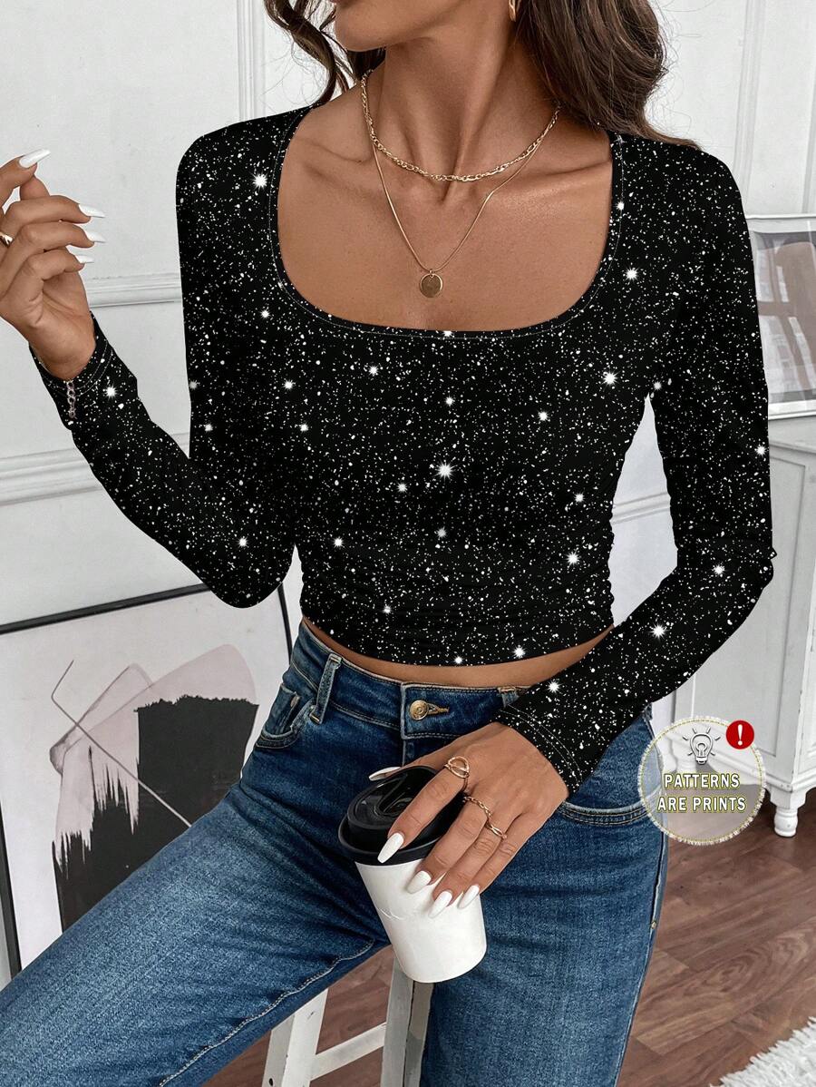 SHEIN LUNE Women's Casual Faux Crystal Print Long Sleeve T-Shirt, Suitable For Autumn/Winter - Black and White - View 1