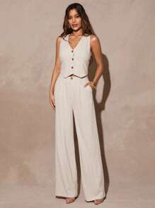 Silquee Blazer Crop Tenun Beige Elegan untuk Wanita: Desain Tanpa Lengan, Leher V, dan Kancing Depan untuk Tampilan yang Chic. - Krem - View 5