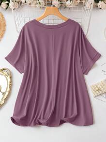 Women Plus Size Solid Color V-Neck Short Sleeve Casual Loose T-Shirt - Purple - View 2