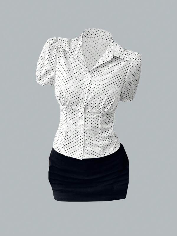 Sweetra Vintage Style Polka Dot White Casual Elegant Versatile Button Design Women Shirt