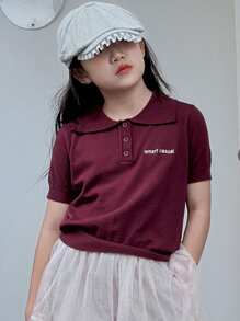 Dazy Kids Tween Girl Turndown Collar Letter Embroidered Short Sleeve Sweater, Spring/Summer - Burgundy - View 6