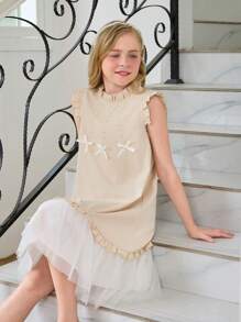Tween Girl Bowknot Decor Ruffle Edge Cap Sleeve Cute Dress - Apricot - View 5